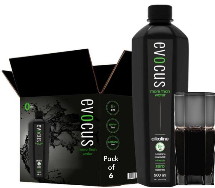 Evocus Black Alkaline Drink-Infused with Essential Minerals-8+ pH Alkaline-Pack of 6 (500ml Each) Bottled Water-Stumbit Health
